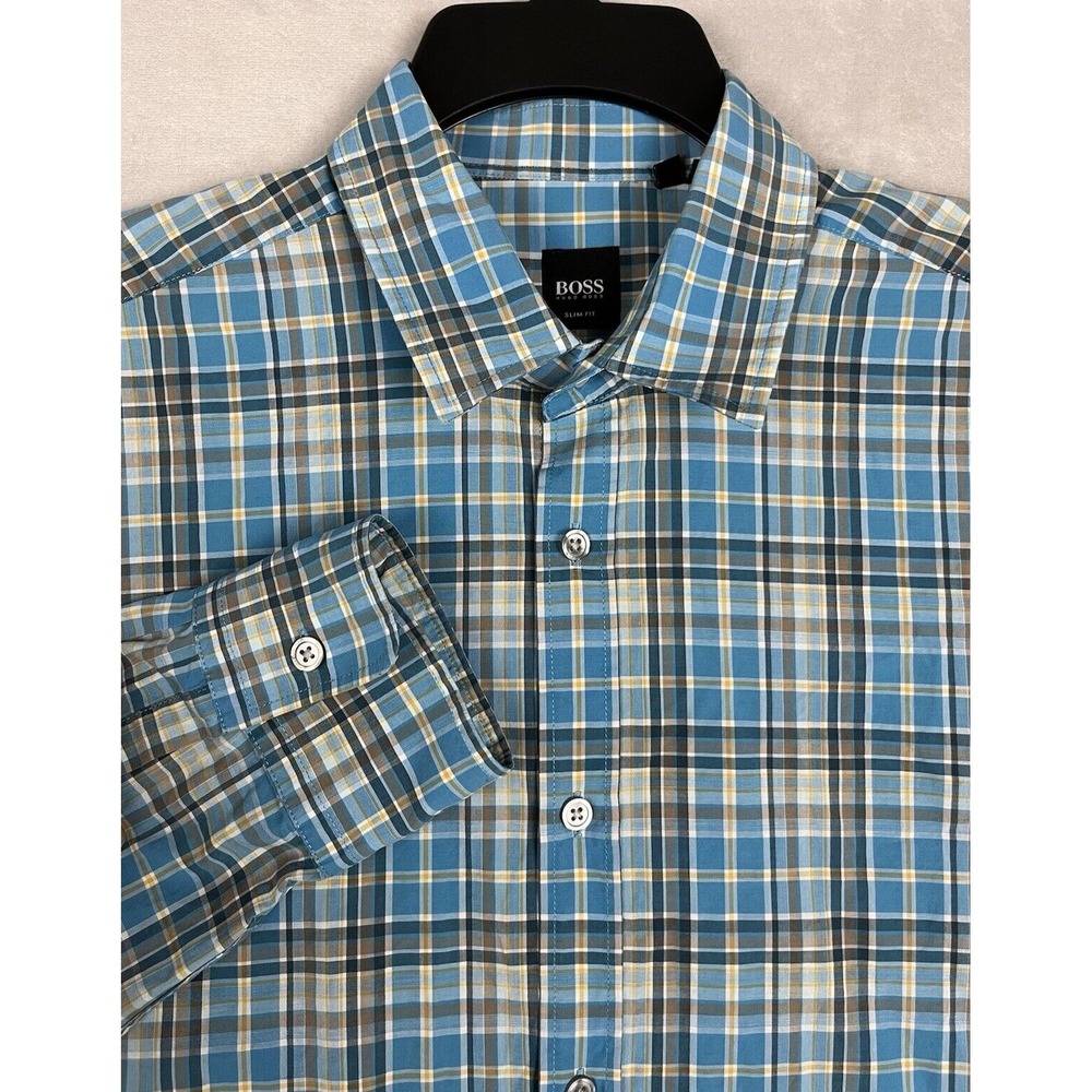 HUGO BOSS Shirt Men Large Blue Plaid Ronny Slim Fit Button Up Back Dart Preppy